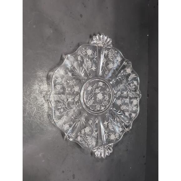 Fostoria Etched Chintz Cake Platter with Handles,‎ Uranium Glassware, Home Decor - Picture 1 of 6